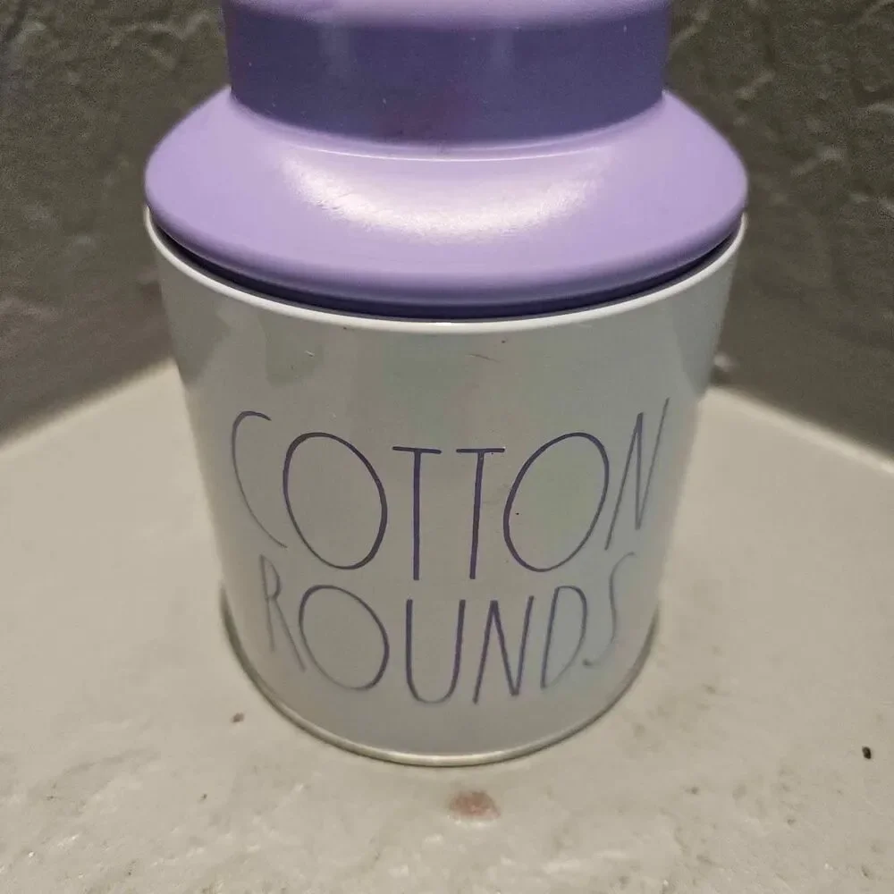 Rae Dunn Purple and White Metal Cotton Ball Tin 5